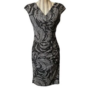 Chaps Dress Small Black with White Spotted Swirl design Midi Ruched Side Lined